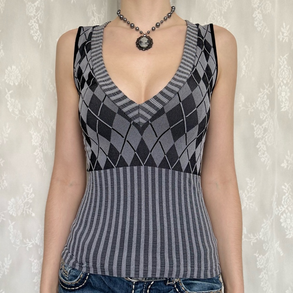 Preppy Y2K Office Grey Argyle Vest
